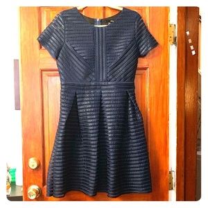 AQUA Fit and Flare Short Sleeve Navy Dress